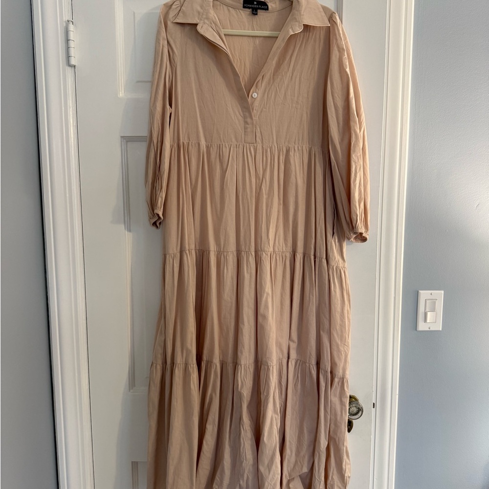 Pomander Place Beige Tiered Maxi Shirt Dress